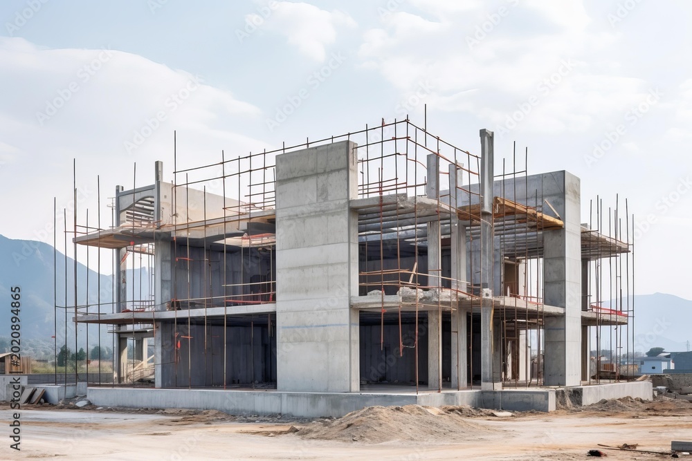 Obraz premium Building frame showing ongoing construction with concrete walls, pillars, and scaffolding