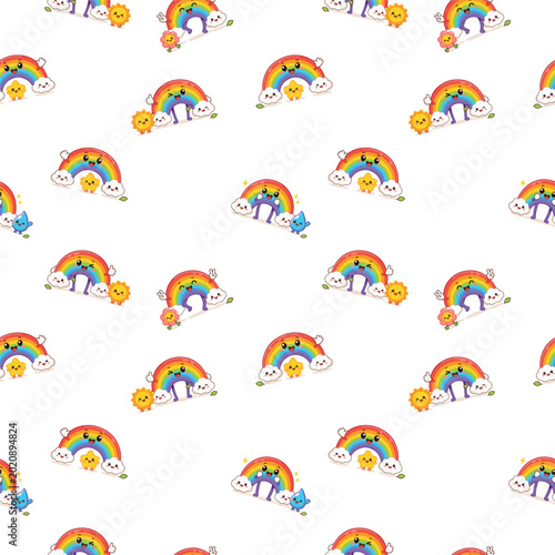 seamless pattern design with cute rainbow and magical sky colors