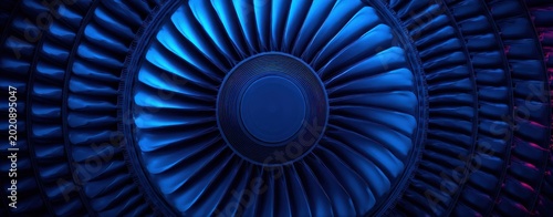 Jet engine turbine blades close up view with blue metallic reflections highlighting aerospace engineering precision mechanics and aircraft propulsion technology