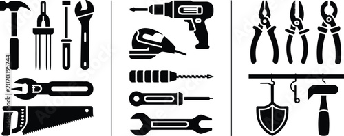 Obraz na płótnie Construction and repair tool icon set with hammer pliers drill saw and industria