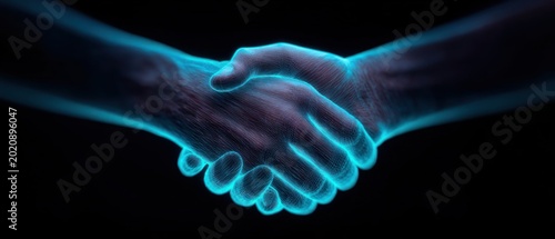 Digital handshake representing successful partnership and global business connection through modern technology communication and professional collaboration network