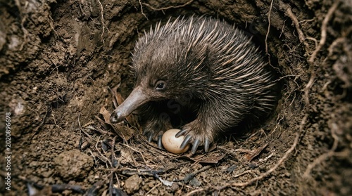 A small echidna emerging from its burrow with an egg in its mouth.