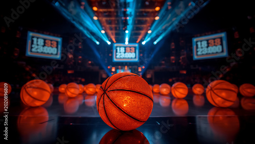 Basketballs illuminated on a dark court
