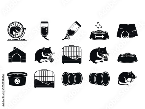 Φωτογραφία Hamster care silhouette icons food water housing and playtime essentials for sma