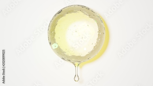 Tableau sur toile 明るい背景に浮かぶ黄金色の大きな泡と滴るしずくの3D抽象デザイン / 3D abstract design of a large golden bubble a