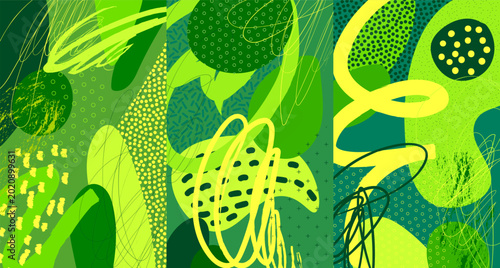 Creative doodle art header with different shapes and textures. Collage. Vector.