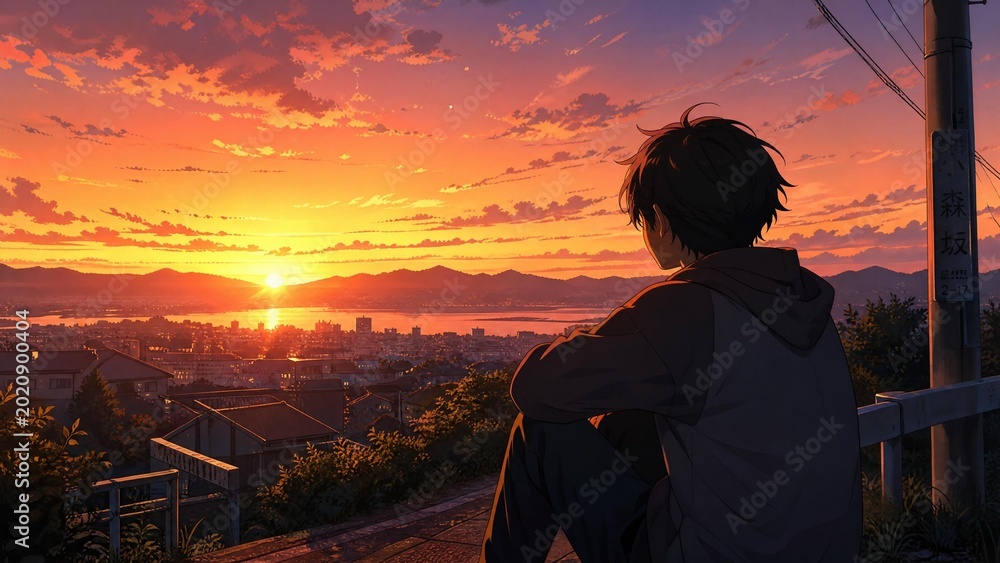 Fototapeta premium Anime Boy Watching Golden Sunset Over City Illustration