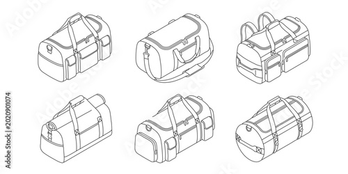 Foto Collection of six different duffel bag line drawings in various orientations