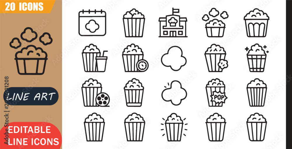 Ταπετσαρία Isolated popcorn bucket icons set, 20 editable line art icons set, cinema movie