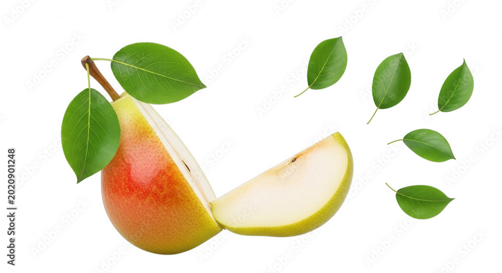 Obraz premium A sliced ripe pear with a red and yellow gradient skin, green leaves, and floating foliage isolated against a solid black background
