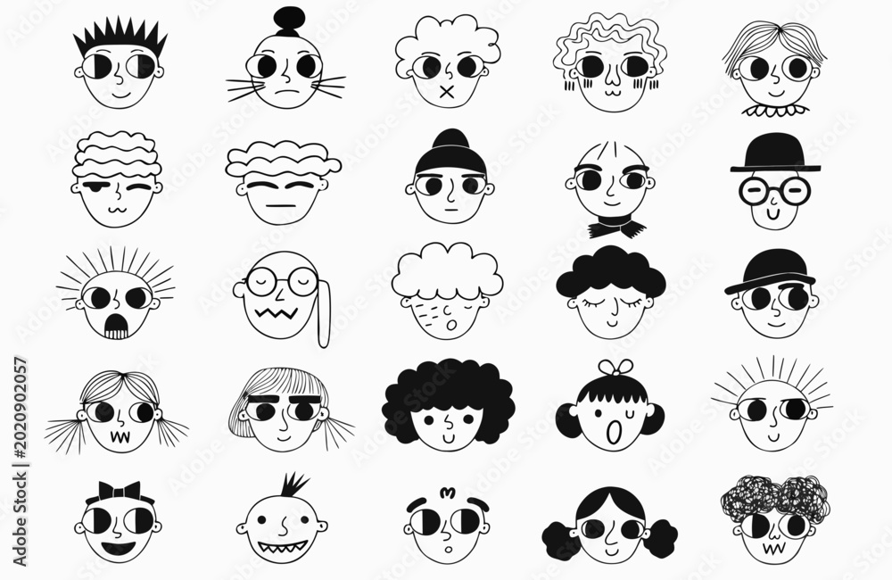Fototapeta premium A clean 5×5 grid of 25 minimalist black-and-white cartoon faces, each with large round eyes and a unique hairstyle, accessory, or expression (glasses, hats, earrings, buns, spiky hair).