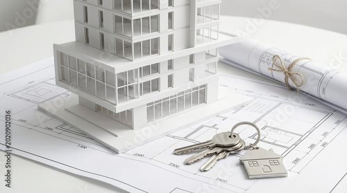 Real Estate Concept Keys, House Model and Floor Plans
