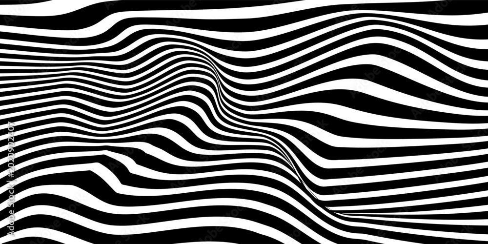 Obraz premium Black and white wavy stripes pattern. Abstract horizontal lines creating optical illusion and modern minimalist design. Seamless vector background for textile, wallpaper, or graphic design projects.