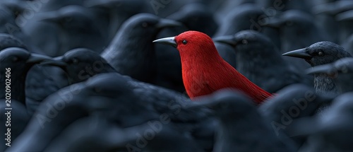 A vibrant red bird stands out amidst a flock of dark, indistinguishable birds