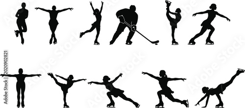 Bild auf Leinwand Hockey vector silhouette black ice skating figures with sticks and blades