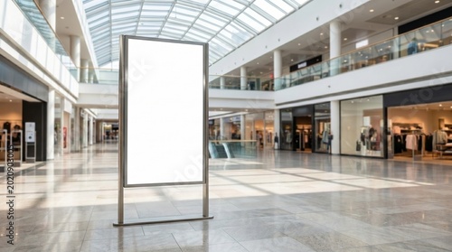Blank vertical advertising billboard mockup in a modern bright shopping mall. Empty digital display stand template for poster presentation