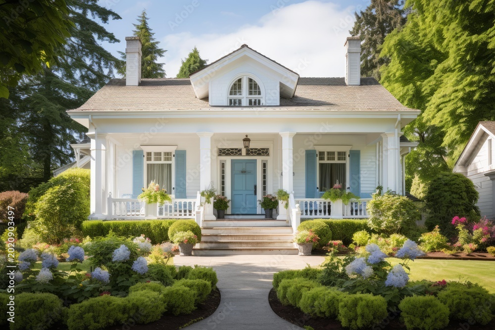 Fototapeta premium Elegant front facade of a charming residential home, complete with a landscaped garden and inviting steps