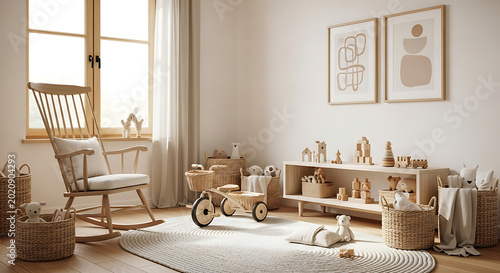 Cozy Nursery: Warm and inviting nursery design with a rocking chair, wooden toys, and a tricycle, creating a soothing space for childhood.