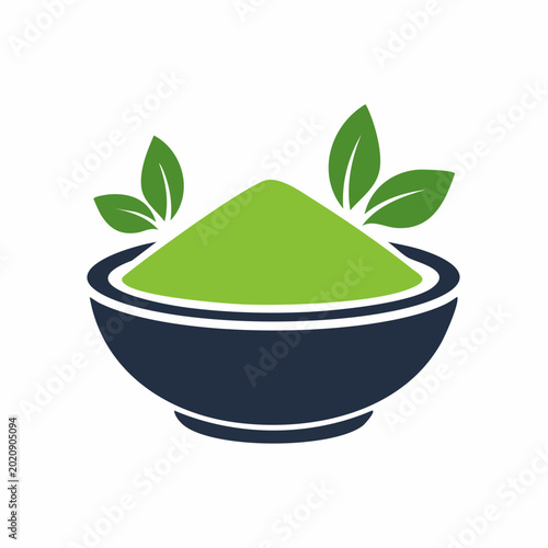 Green powder in a bowl with leaves, logo design