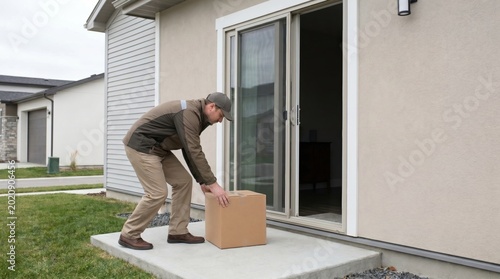 Delivery man in a brown uniform placing a cardboard box package on the front porch of a house.