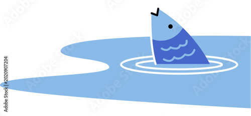A blue fish head rising from water banks vector illustration. Fishing hobby, aquatic life, nature conservation, lake ecosystem, fresh water, marine biology. Sea creature surfacing from a pond