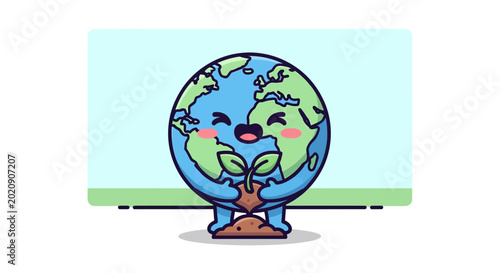 Konstfotografi A cheerful cartoon Earth with leaves on its cheeks smiles happily on a stand indoors