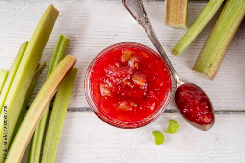 Pink and green rhubarb sweet jam