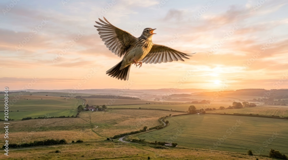 Fototapeta premium A bird in flight with its wings spread wide, soaring over a vast, open landscape with rolling hills and a clear sky at sunset.