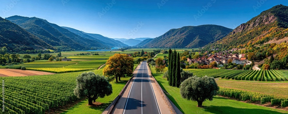 Obraz premium Aerial view of a country road cutting through vineyards toward a small village in mountain valley