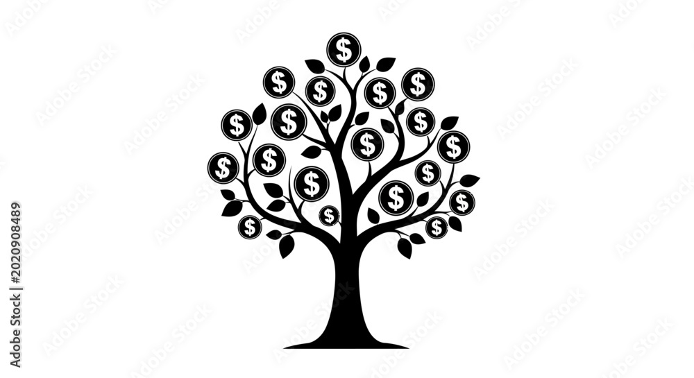 Fototapeta premium Money tree silhouette with dollar signs on a white background