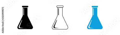 Schilderij op canvas Erlenmeyer flask set black outline and blue icons for scientific illustration an