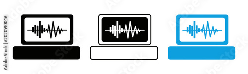 Sound wave monitor icon set black white and blue versions for digital audio and music production