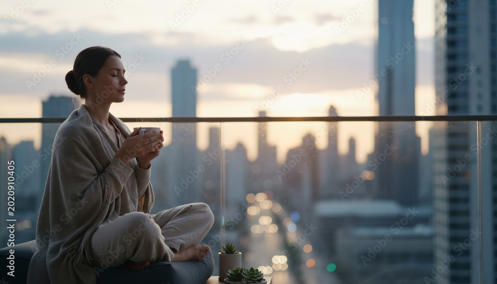 Fototapeta premium Woman drinking hot tea sitting on balcony during sunset. Relaxed girl enjoying evening view of city skyline. Peaceful lifestyle, mindfulness and leisure concept. Meditation at home.