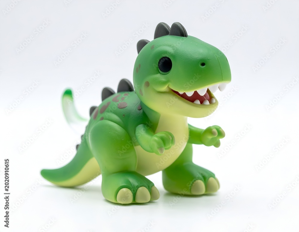 Fototapeta premium Friendly cartoon green dinosaur T-Rex toy figurine walking happily isolated on seamless white backdrop