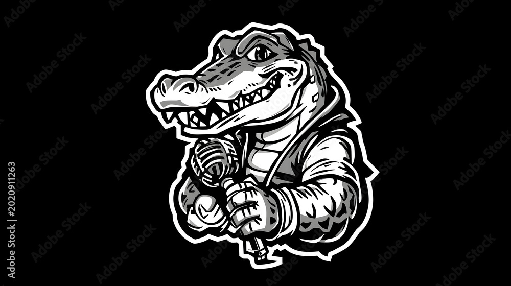 Obraz premium Cartoon crocodile wearing boxing gloves in aggressive fighting stance on black background