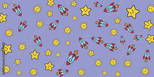 Whimsical Space Exploration Rockets, Stars, and Sunshine Pattern on Purple