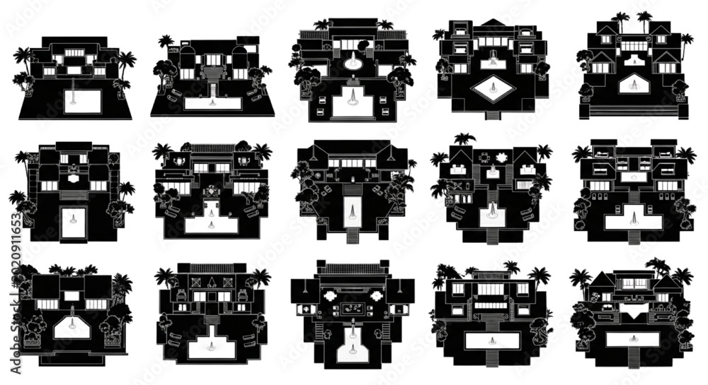 Obraz premium Pixel Art Architectural Icon Set Vector Collection with Retro Building Layout Symbols