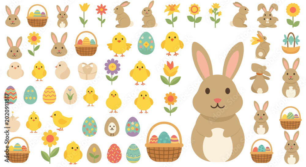 Fototapeta premium Easter Bunny, Chicks, Eggs, Flowers and Baskets Collection - Vector Illustration