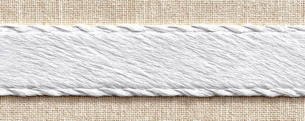 White textured label ribbon on burlap background with stitched rope edges for rustic design