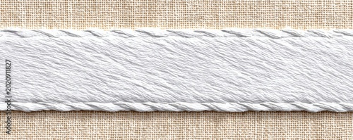 White textured label ribbon on burlap background with stitched rope edges for rustic design