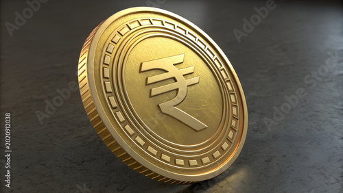 Golden Indian Rupee Coin on Dark Background