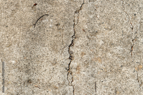 Close-up of a damaged concrete or cement surface with visible cracks. Shrinkage of concrete as it dries, a natural structural deterioration.