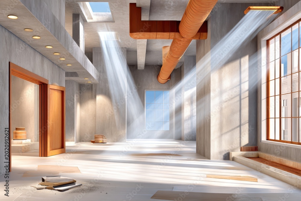 Fototapeta premium Sunlit unfinished industrial interior of a construction site with exposed ducts and concrete walls