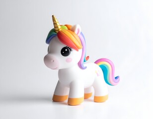 Beautiful magical toy photography capturing a cute pure white plastic unicorn figurine with a colorful rainbow mane and golden horn.