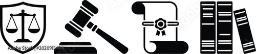 Photos law and justice symbols icon set, gavel, scales of justice, courtroom elements,