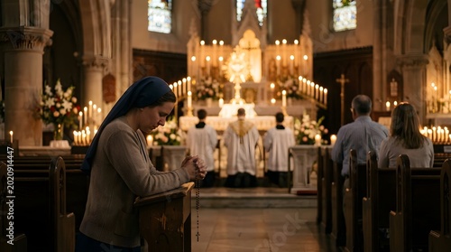 A woman in prayer stands in a church with clergy and worshippers.