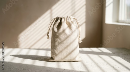 Beige fabric drawstring pouch with diagonal sunlight shadow