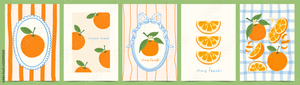 Obraz premium Orange citrus poster set with hand drawn fruits, frames and bows in whimsical playful style. Printable wall art for kitchen decor, greeting card and summer stationery. Vector illustration