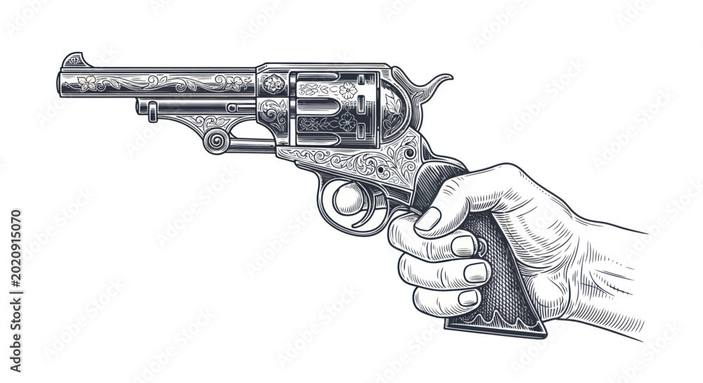 Εκτύπωση καμβά Antique Revolver Hand Engraved Western Pistol Firing Aiming