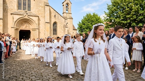 Children in white outfits walking outside a church with adults